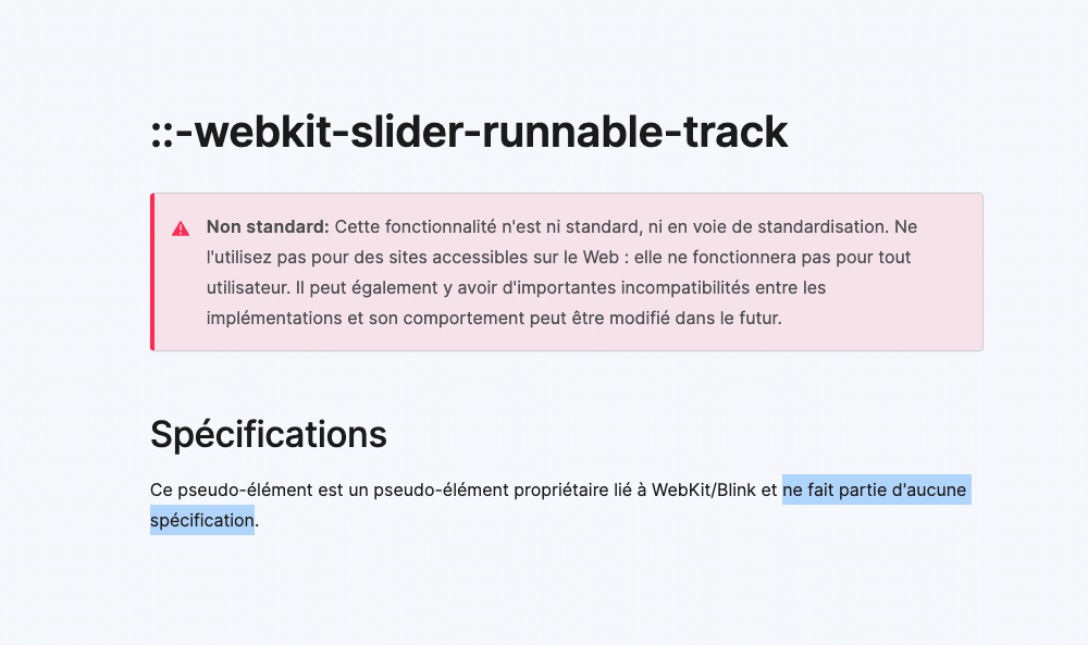 Message d'avertissement sur la page de la documentation MDN de la propriété non standard ::-webkit-slider-runnable-track.