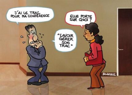 Dessin d'un orateur stressé avant de monter sur scène sur le sujet de la gestion du trac